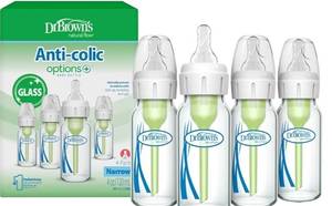 lot 63342 image: Dr. Browns Anti-Colic Options Narrow Glass Baby Bottle with Level 1 Slow Flow Nipple, BPA-Free, 4 oz120mL, 4-Pack - Retail $30