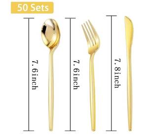 lot 63343 image: 150PCS Gold Plastic Silverware Disposable - Heavy Duty Gold Plastic Cutlery - Gold Plastic Utensils Set Include 50 Knives,50 Forks,50 Spoons for Party&Wedding - Retail $28