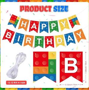 lot 63347 image: Cartoon Birthday Party Decorations Happy Birthday Banner Hanging Garland for Cartoon Party Decor Photo Backdrop Supplies(Colorful,Building Block) - Retail $9