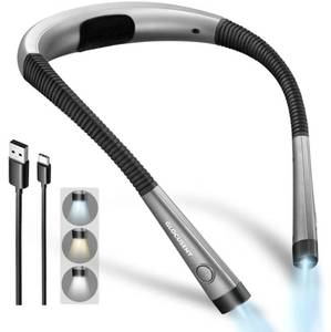 lot 63350 image: Book Light, 3-Color & 6-Brightness Reading Light, Bendable Neck Light, 80-hr Lasting Rechargeable Book Light, Perfect Reading Lights for Books in Bed, Knitting, Repairing, Book Lovers Gifts - Retail $29