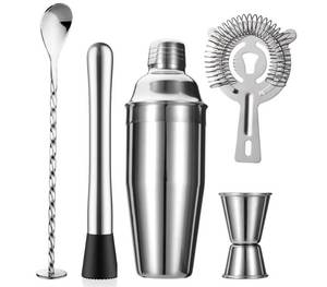 lot 63396 image: 5-Piece Cocktail Shaker Set Shaker Strainer Jigger T-Mixing Spoon Muddler Bartender Kit Stainless Steel Bar Set Housewarming Gift - Retail $16