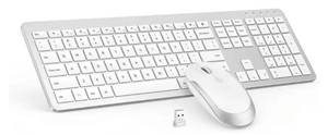 lot 63398 image: Wireless Keyboard and Mouse Combo - Full Size Slim Thin Wireless Keyboard Mouse with Numeric Keypad 2.4G Stable Connection Adjustable DPI (White & Silver) - Retail $34