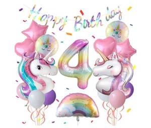 lot 63413 image: Unicorn 4th Birthday Party Decorations for Girl Purple Pink Theme Balloon Set, Large Rainbow Unicorn Helium Balloons with Heart and Star Baby Shower Kids Supplies (number 4 set) - Retail $13