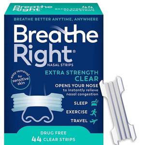 lot 63414 image: Breathe Right Nasal Strips, Extra Strength Clear Nose Strips, Drug Free Nasal Congestion Relief for Better Breathing, Help Relieve Snoring, Caused by Colds & Allergies, Deviated Septum, 44ct - Retail $21