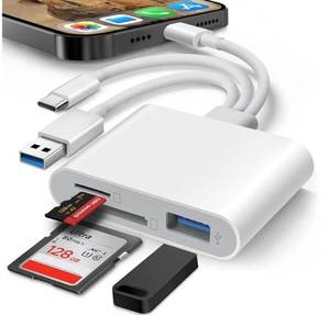 lot 63421 image: SD Card Reader for iPhone iPad Mac, Lightening & USB-C & USB-A 3 in 1 Memory SD Card Adapter, Support SDMicroSDUSB OTG, High-Speed Trail Camera Card Viewer, Portable No App Plug & Play - Retail $10