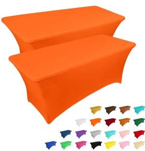 lot 63425 image: 2 Pack 6FT Table Cloth for Rectangular Fitted Events Stretch Orange Table Covers Washable Spandex Tablecloth Protector for Party, Wedding, Cocktail, Banquet, Festival - Retail $28