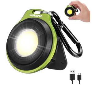 lot 63437 image: WORKPRO Mini Keychain Work Light, COB Keychain Flashlight with Hat Clip, Rechargeable Magnetic EDC Carabiner Flashlight, 3 Light Modes Emergency Light for Camping, Biking and Car Repairing, Green - Retail $9