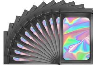 lot 63440 image: 100 PCS Holographic Bags, Smell Proof Bag, Resealable Gift Bags, Clear Bags for Food Storage, Party Favor Bag, Mylar Sample Bag for Jewelry, Lipgloss, Eyelash  Black, 5x8.3 Inch - Retail $15
