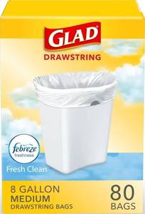 lot 63454 image: Glad Medium Trash Bags, 8 Gallon, Febreze Fresh Clean Garbage Bags, With Odor Control and Drawstring, 80 Count - Retail $15
