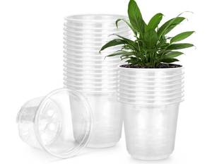 lot 63462 image: 25 Pack 5 Inch Clear Nursery Pots with Drainage Holes, Flexible Plastic Nursery Pots for Plants, Durable Garden Flower Pot, Seed Starter Pots - Retail $16