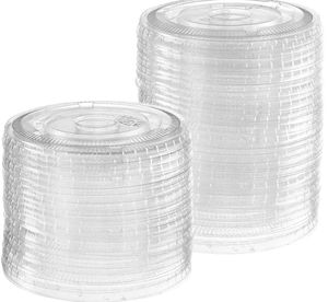 lot 63463 image: 100 Count Clear Flat PET Plastic Lids (No Hole) 98mm Snap-On Lids for 12, 16, 20 & 24 oz Milkshake Cups, Leak-Resistant & Stackable (Formerly Comfy Package) - Retail $9
