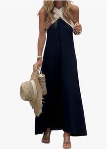 lot 63477 image: Womens Summer Halter Neck Dress Criss Cross Sleeveless Backless Boho Flowy Swing Cotton Linen Long Dress, M - Retail $28