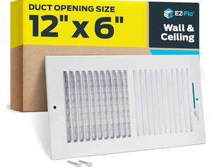 lot 63483 image: EZ-FLO 12 x 6 Inch (Duct Opening) Air Vent Cover for Wall or Ceiling, Two-Way Ventilation Register, Solid Steel HVAC Register Cover, White, 61612 - Retail $8