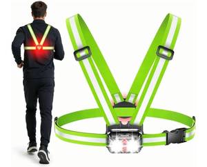 lot 63493 image: 800LM Ultra Bright & 72 Modes Running Lights for Runners with Rear Light, 45° Beam & 360° Reflective Vest, IPX4 Waterproof Reflective Running Vest for Night WalkingJogging, 4-25Hrs Runtime - Retail $30