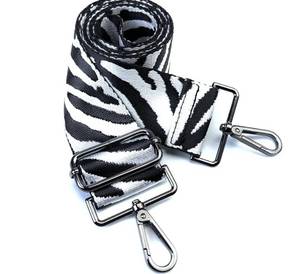 lot 63499 image: Black White Zebra Purse Strap with Gunmetal Black Hardware 2 Inch Wide Replacement Crossbody Guitar Style Shoulder Strap for Handbags Totes - Retail $13