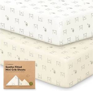 lot 63502 image: 2-Pack Mini Crib Sheets Fitted - 38x26 Pack N Play Sheets for Pack and Play Mattress, Organic Cotton, Soft & Breathable Playard Bedding, Neutral Mini Toddler Bed Cover for Boys, Girls (Bumble Bear) - Retail $17