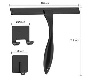 lot 63509 image: All-Purpose Stainless Steel Shower Squeegee for Shower Doors with 2 Adhesive Hooks, Bathroom Cleaner Tool Household Window Mirror Squeegee for Home Cleaning, Glass Door, Tile Wall, Car, 10 Inch Black - Retail $13