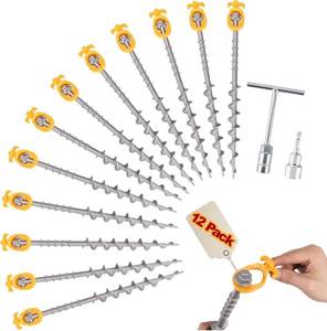 lot 10328 image: 12 PCS Screw in Tent Stakes for Women Men - Ground Anchors for Sand, Canopy, Trampolines, Camping Aluminium Heavy Duty Rust Prevention Pegs Drillable Lightweight Safe - Silvery 14 inch