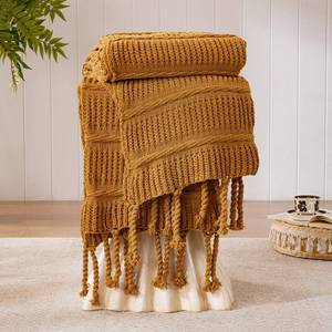 lot 10333 image: Boho Knitted Chenille Blanket with Tassels - Lightweight & Soft All-Season Throw - 3D Classic Pattern for Living Room Bedroom Couch, Amber Brown, King 90x108