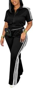 lot 10340 image: HBQ Womens Two Piece Tracksuit Set Short Sleeve Zip Up Polo Top Side Stripe Flare Pants with Pocket Athletic Casual Outfit, Large