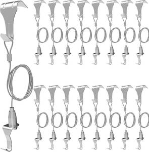 lot 10353 image: 16 Pcs Picture Rail Hanging System,Picture Rail Hooks Molding Hooks Picture Rail Hangers,Adjustable Picture Wire Hooks Kit with 3ft (1 m) Length Cable with Loop,Picture Hanging Kit