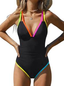 lot 10370 image: popvil Womens One Piece 2025 Tummy Control Swimsuits Neon Color Block Swimwear Deep V Neck Slimming Bathing Suit, Size Large