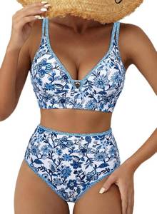 lot 10374 image: Herseas Womens 2 Piece Floral Print Bikini Sets V Neck Stitch Swimsuits High Waisted Bathing Suit Beach Summer Swimwear, Size Medium