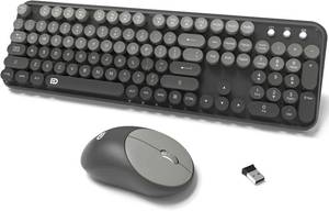 lot 17076 image: Wireless Keyboard and Mouse Combo, 104 Round Keys Cute Colorful Cordless Keyboard and Mouse with Retro Typewriter Black