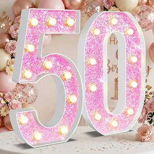 lot 17091 image: 12.6 Inch LED Pink Marquee Light Up Numbers, Sweet 50th Birthday Decorations Number Lights as Gifts for Women, Glitter Lighted Marquee Numbers for Pink Anniversary Party Table Decor, 50