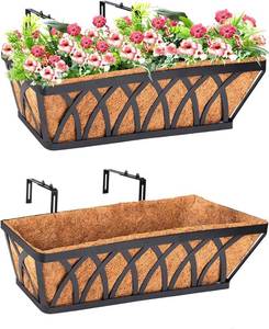 lot 17096 image: LCHUANG Deck Railing Planter Window Box - 2 Pack 30 Inch Deck Balcony Rail Planter with Coconut Coir Liner, Fence Metal Hanging Flower Planter Basket Deck Railing Planter Boxes for Outdoor Lawn