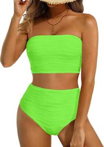 lot 17871 image: High Waisted Bandeau Bikini Set - Women Strapless Two Piece Swimsuits Ribbed Longline Full Coverage Bathing Suits Swimwear - Size Medium