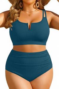 lot 17872 image: Yonique Women Plus Size High Waisted Bikini - Ribbed Two Piece Swimsuit Tummy Control Bathing Suit V-Wired 2026 Swimwear, Size 12W