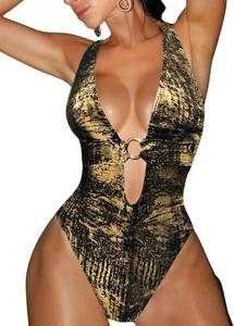 lot 17883 image: ChiaoLezhee Womens Metallic One Piece Swimsuit Sexy Plunge Cutout Bodysuit Festival Rave Outfits, Size XL