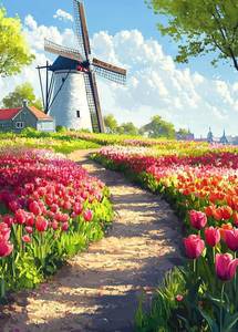 lot 17891 image: 1000 Piece Wooden Puzzle for Adults Dutch Windmill and Tulip Field Path, Colorful Spring Floral Countryside Jigsaw 20x28in
