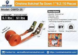 lot 58029 image: Onshine Ratchet Tie Down Straps 1 Inch x 8.2 Foot 10 Piece Set (OSRTD-25)