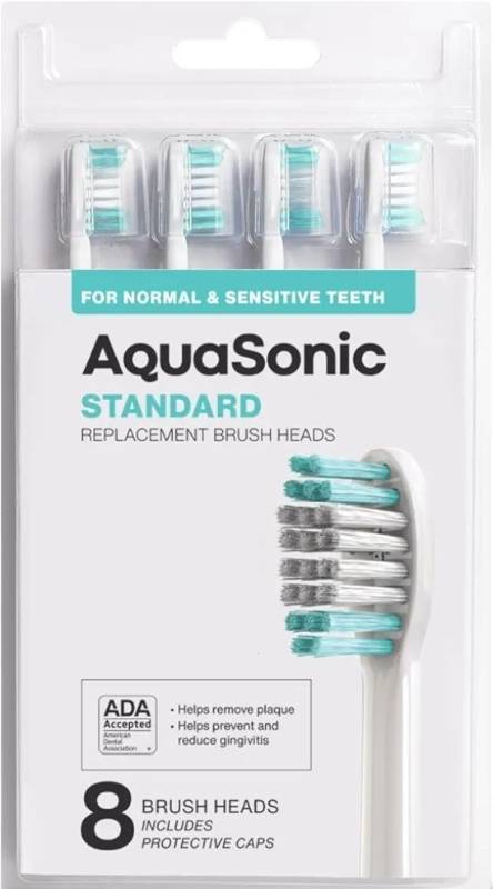 lot 57896 image: AquaSonic Genuine Standard Replacement Brush Heads  ADA Accepted  for Normal & Sensitive Teeth  Compatible with Many AquaSonic Toothbrush Handles (8 Pack White) - Retail $25