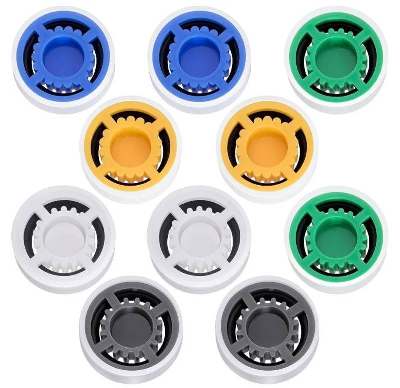 lot 57908 image: 10 Pieces Shower Flow Restrictors Shower Head Flow Reducer Water Flow Limiter Set 1.51.82.02.53.0 GPM for Water Saving Fixed or Handheld for Bathroom, Toilet, Kitchen(14.3 x 13.85 x 5.2 mm) - Retail $6