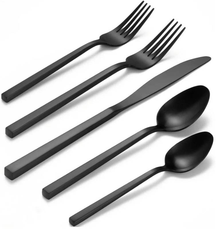 lot 57921 image: Alata Cube Black 19-Piece Forged Silverware Set Stainless Steel Flatware Set, Service for 4, Matte Satin Polished Cutlery Set, Dishwasher Safe(Missing 1 Big Fork) - Retail $65