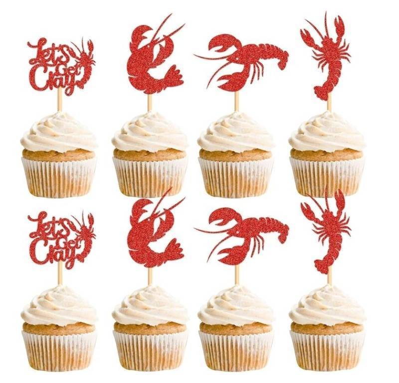 lot 58045 image: 24 Pack Crawfish Cupcake Toppers Red Glitter Lobster Cupcake Picks Ocean Lobster Theme Party Baby Shower Birthday Party Cake Decorations Supplies - Retail $7