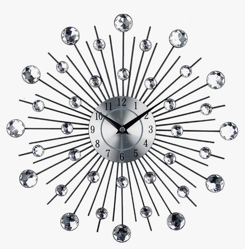 lot 57779 image: 3D Crystal Wall Clock - Celebration Decorative Metal, Sparkling Bling Diamond-Studded Silver Wall Decor for Kitchen, Living Room, Bedroom - Retail $29