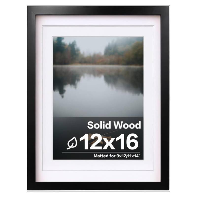lot 57795 image: 12x16 Picture Frame Black, Covered by Plexiglass Made of Solid Wood, Display Pictures 9x12 and 11x14 with Mat or 12x16 Without Mat, for Wall Mounting Photo Frame - Retail $19