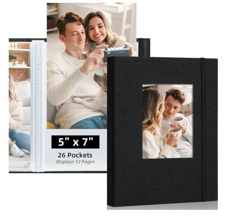 lot 46067 image: 5x7 Photo Album, Slip In Fabric Cover Scrapbook with Front Window, Holds 52 Photos (26 Pockets), for Baby, Wedding, Travel, Black - Retail $7