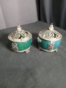 lot 6104 image: Pair of Chinese Green Stone Lidded Trinket Boxes with Silver-Tone Dragon Mounts