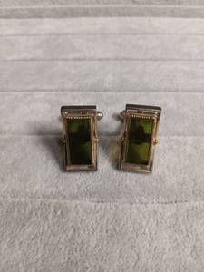 lot 6112 image: Green Stone Rectangle Cufflinks Silver and Gold Tone