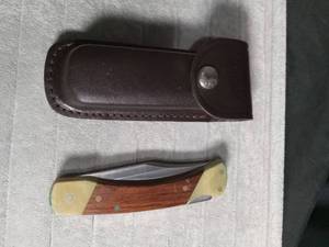 lot 6121 image: Schrade USA LB7 Folding Lockback Knife with Leather Belt Sheath
