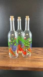 lot 6464 image: Hand-Painted Vegetable Glass Bottles with Cork Stoppers - Set of 3