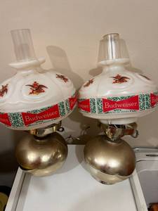 lot 6466 image: Budweiser King of Beers Hurricane Style Lamp Set of 2