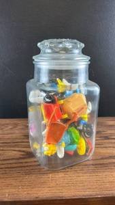 lot 6469 image: Glass Jar Filled with Assorted Fast Food and Character Toy Figures