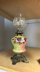 lot 6474 image: Porcelain Floral Oil Lamp with Etched Glass Chimney