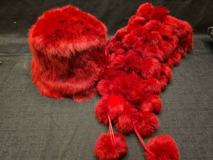 lot 50847 image: Red Fur Hat and Scarf Set with Pom-Poms
